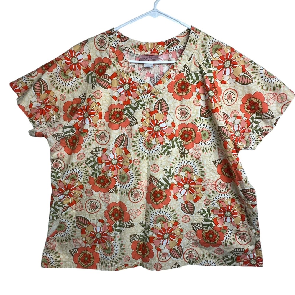 Katherine Heigl Colorful Flowers Floral‎ Scrub Top 2XL